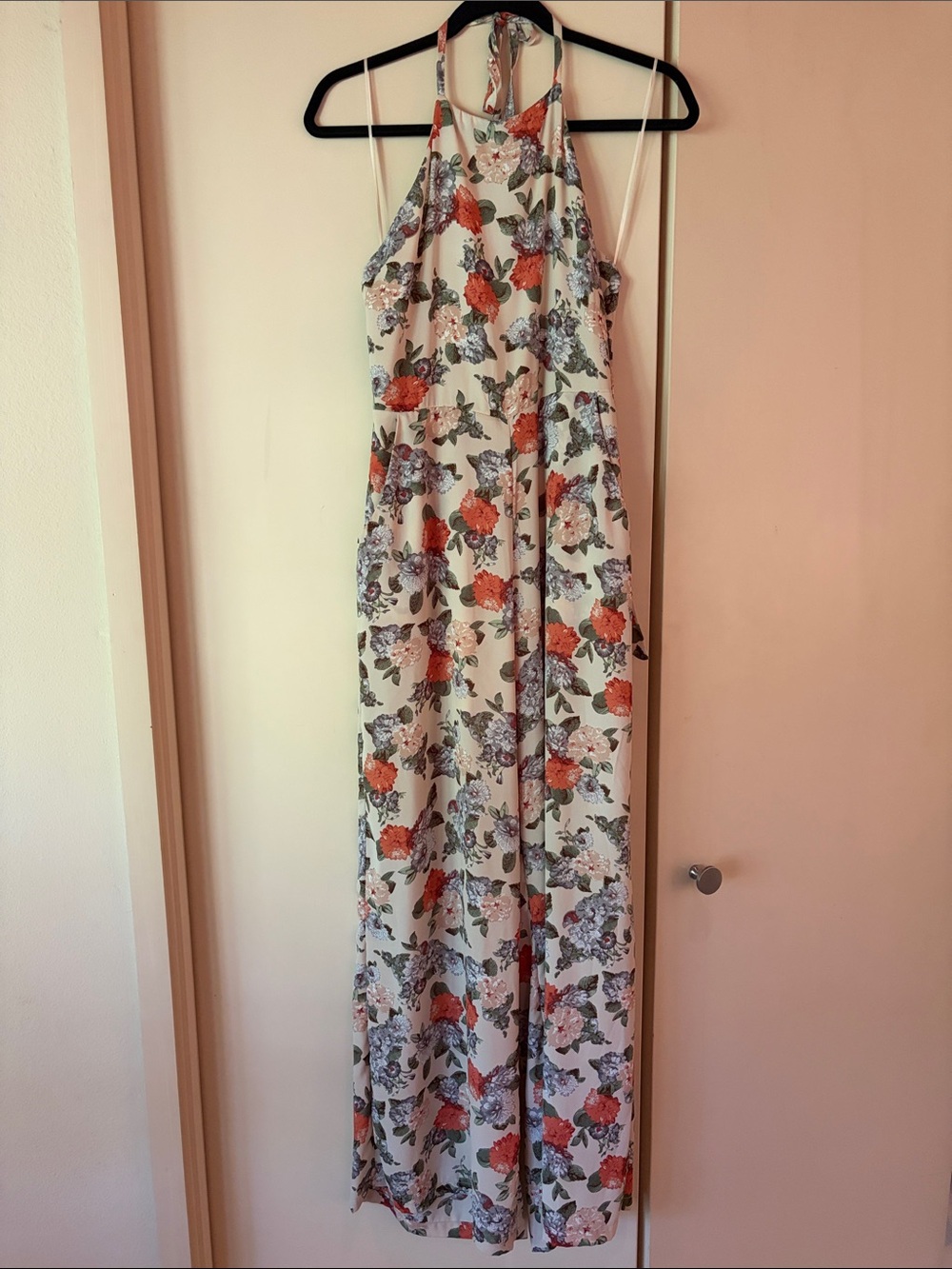 Cotton Candy Floral Halter Jumpsuit in Cream with Orange & Blue Flowers